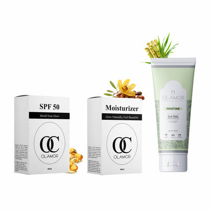 OLAMOR Glow &amp; Protection Skincare Combo | Pink Oval Moisturizer 60ml + SPF 50 Sunscreen 60ml + Pristine Glycolic Acid Face Wash 100ml