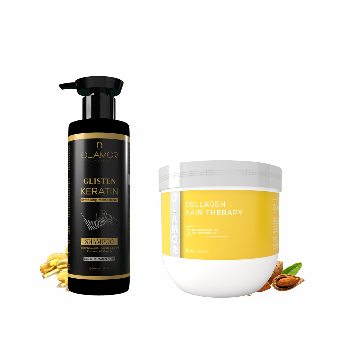 OLAMOR Glisten Keratin Revitalizing Shampoo 250ml &amp; Collagen Strengthening Hair Therapy 500gm Combo | Damage Repair, Deep Nourishment, Hair Strengthening &amp; Frizz Control for Dry, Damaged Hair