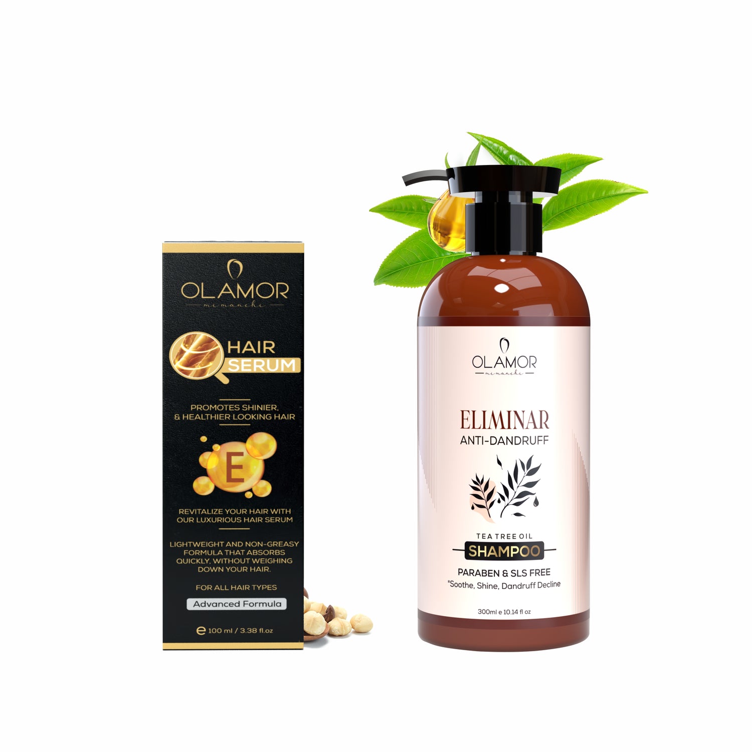 OLAMOR Eliminar Anti-Dandruff Shampoo 300ml &amp; Vitamin-E Hair Serum 100ml Combo | Flake Control, Deep Cleansing, Frizz Control &amp; Healthy Hair Growth Care