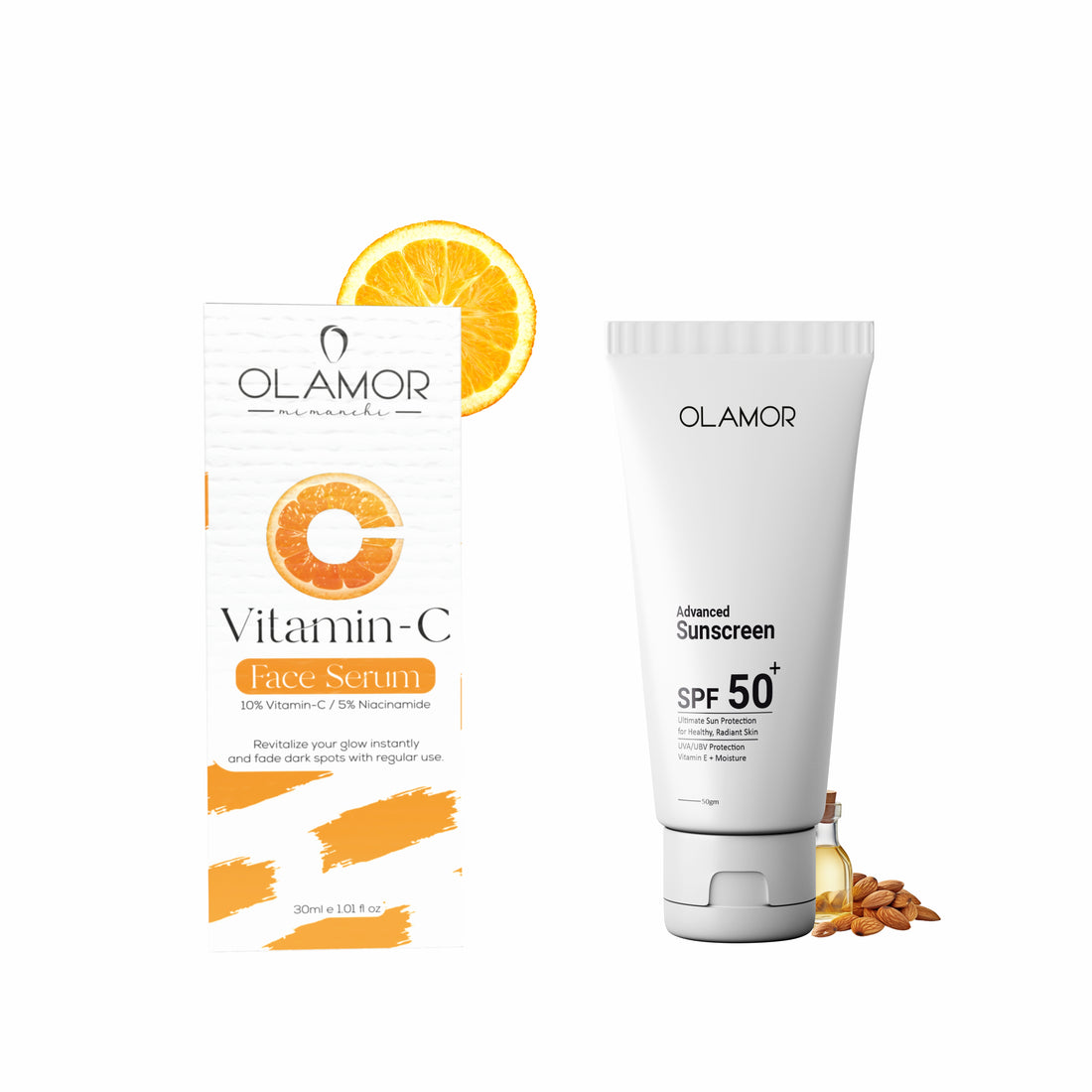 OLAMOR Vitamin C Face Serum 30ml &amp; SPF 50+ Sunscreen 50g Combo | Brightening, Skin Tone Improvement &amp; Broad Spectrum Sun Protection for Radiant Skin