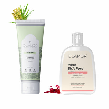 OLAMOR Rose BHA Pore Cleanser Gel 120gm &amp; Pristine 10% Glycolic Acid Face Wash 100ml Combo | Deep Pore Cleansing, Gentle Exfoliation &amp; Glowing Skin Care for Men &amp; Women