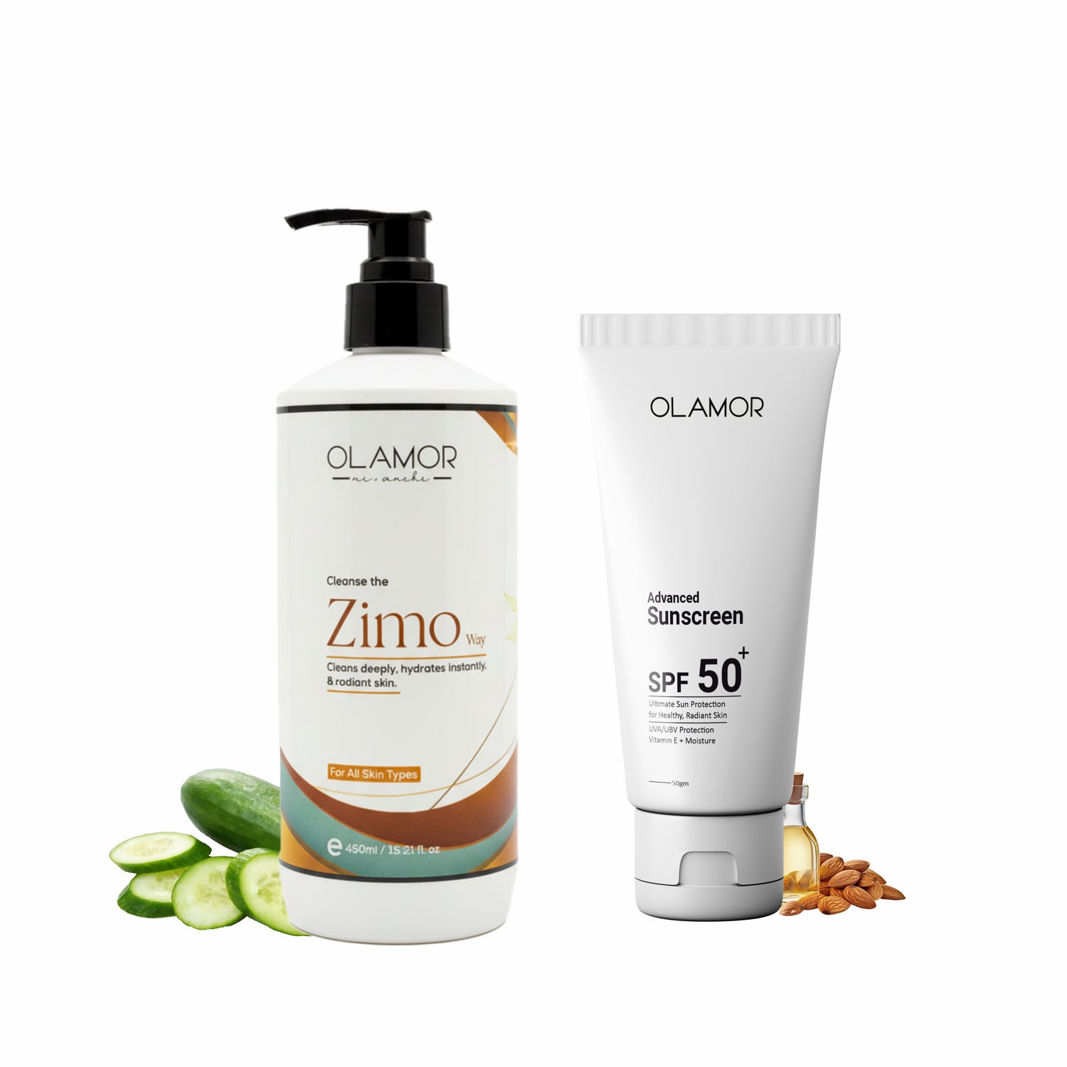 OLAMOR Zimo Cleansing Milk 450ml &amp; SPF 50+ Sunscreen 500g Combo | Deep Cleansing, Hydration &amp; Broad Spectrum UVA/UVB Protection for Healthy, Radiant Skin