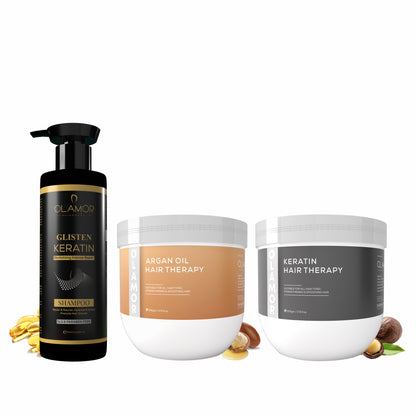 OLAMOR Keratin Revitalizing Shampoo 250ml + Argan Oil Hair Treatment 500gm + Collagen Hair Therapy 500gm Combo | Deep Damage Repair, Hair Strengthening, Frizz Control &amp; Intensive Nourishment for Dry, Damaged Hair