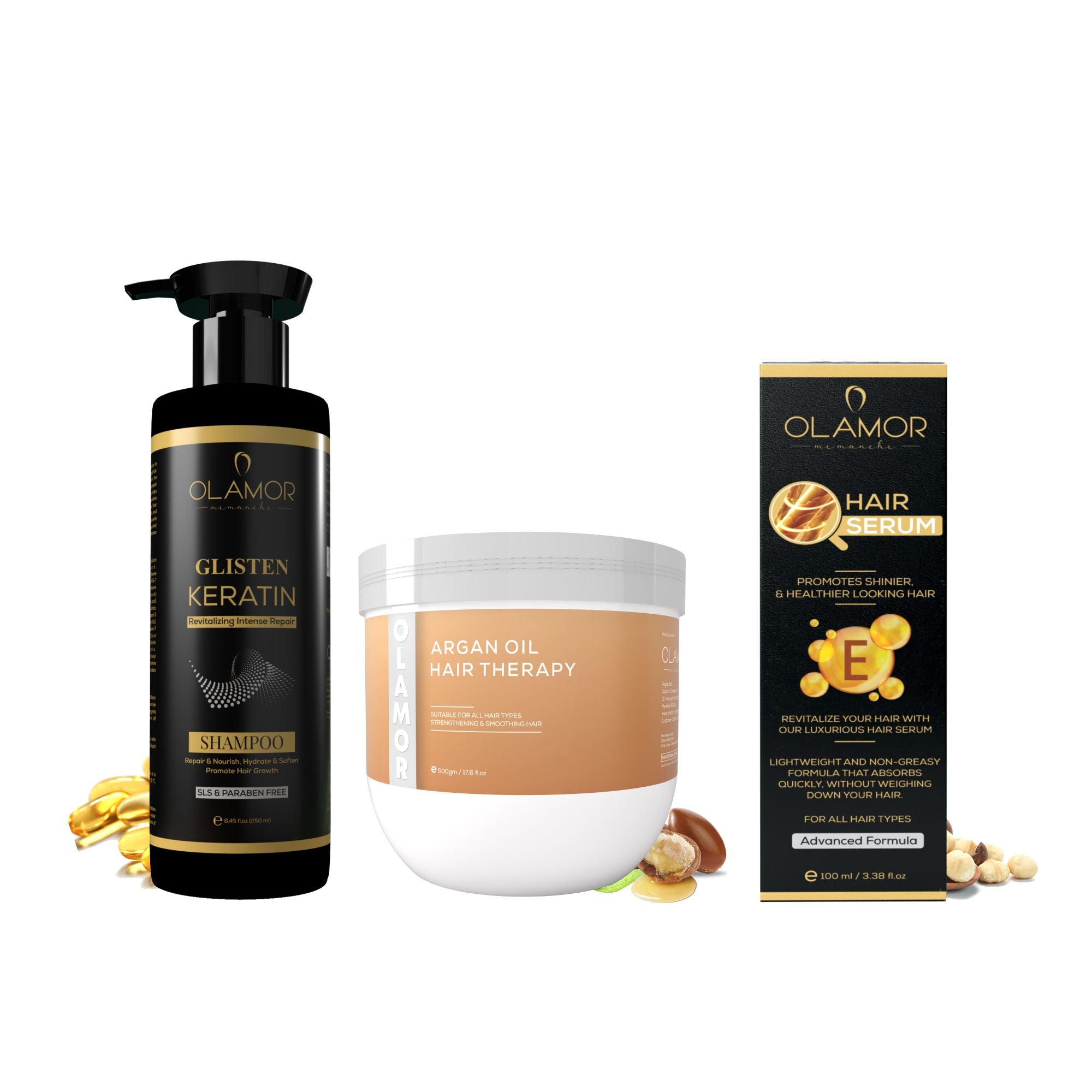 OLAMOR Complete Hair Revival Combo | Keratin Shampoo, Vitamin-E Hair Serum &amp; Argan Oil Hair Therapy | Smooth, Strong, Shiny &amp; Frizz-Free Hair for Men &amp; Women