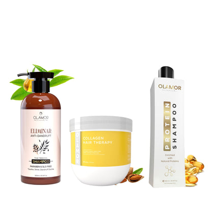 OLAMOR Complete Hair Repair Combo | Keratin Hair Treatment 500gm + Argan Oil Strengthening Therapy 500gm + Pre-Form Shampoo 300ml for Dry, Damaged &amp; Frizzy Hair