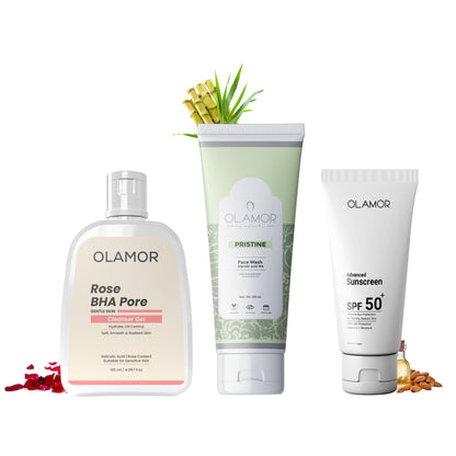 OLAMOR Rose BHA Cleanser Gel 120gm + SPF 50+ Sunscreen 500g + 10% Glycolic Acid Face Wash 100ml Combo | Pore Cleansing, Exfoliation &amp; UV Protection for Radiant Skin