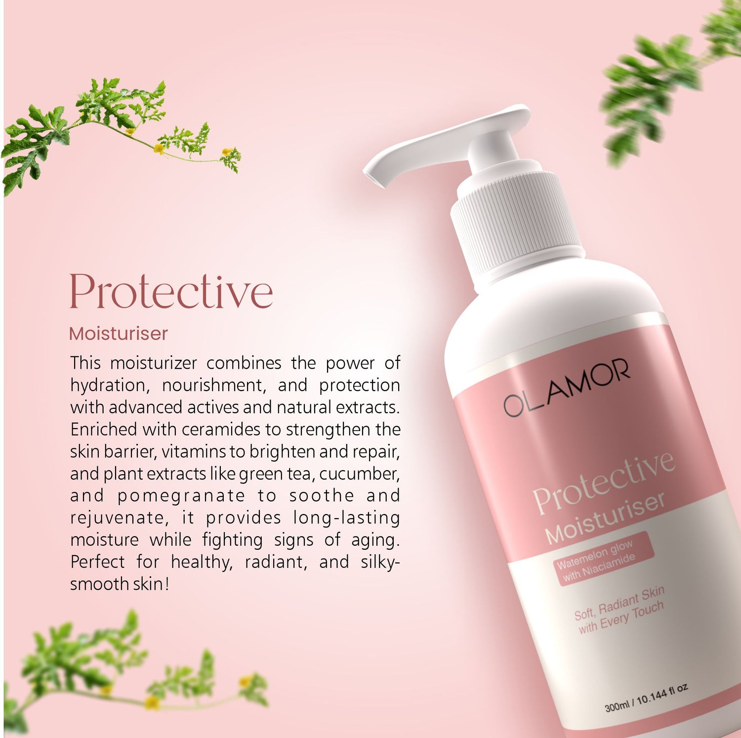 OLAMOR Protective Moisturiser Watermelon Glow with Niacinamide for Hydrating &amp; Brightening Skin | Lightweight Daily Face &amp; Body Moisturizer | 300ml