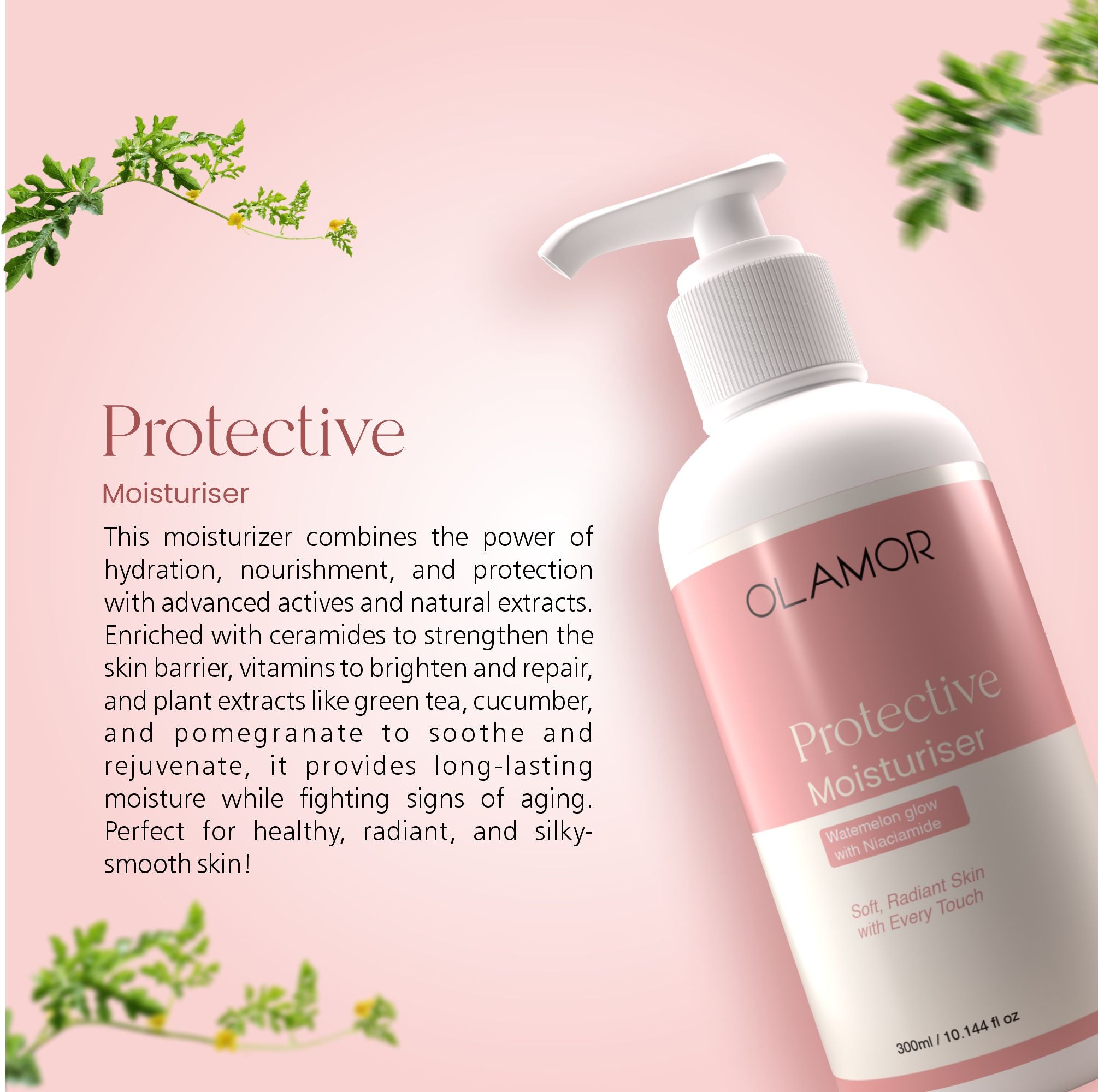 OLAMOR Protective Moisturiser Watermelon Glow with Niacinamide for Hydrating &amp; Brightening Skin | Lightweight Daily Face &amp; Body Moisturizer | 300ml