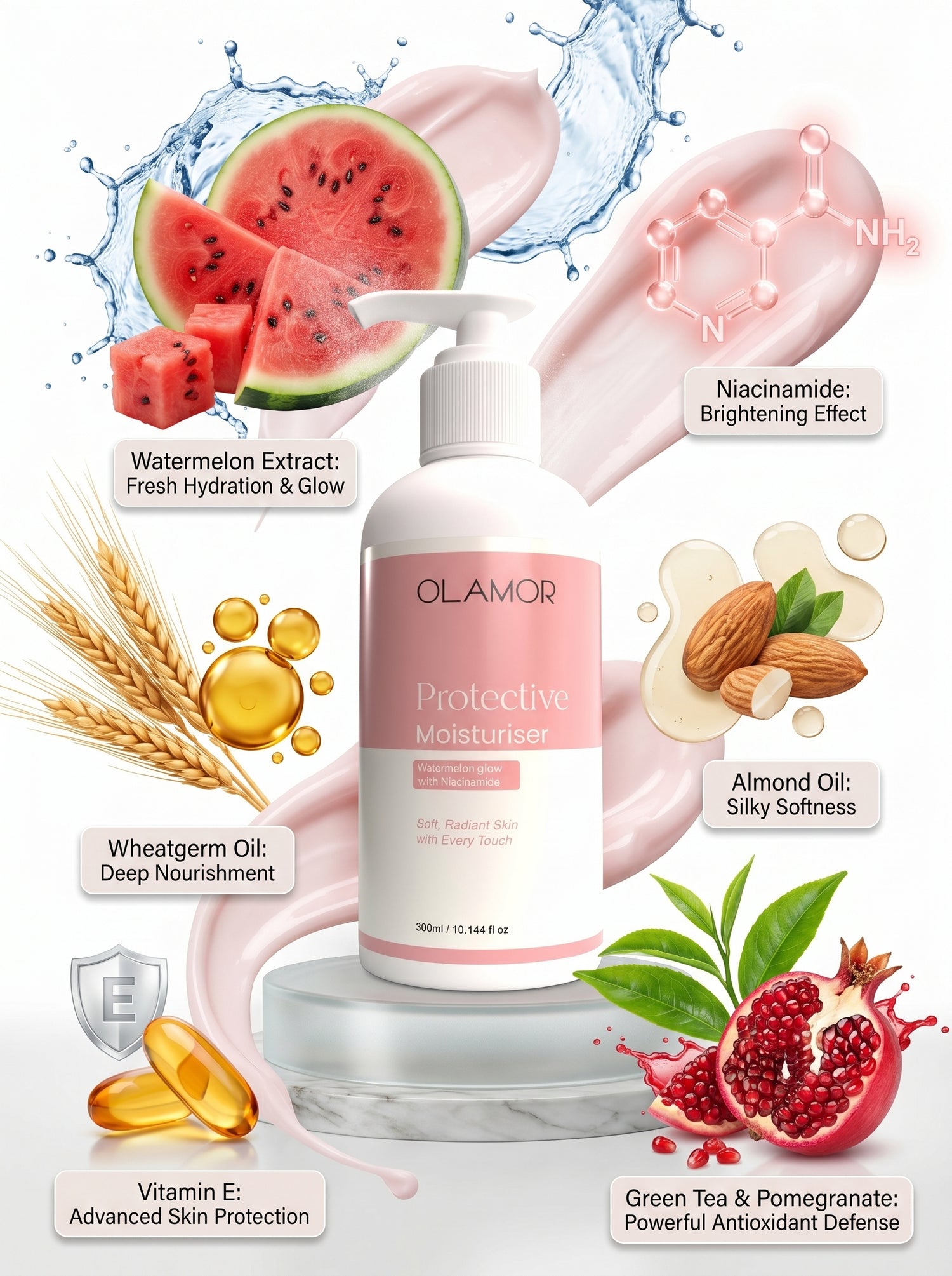 OLAMOR Beauty &amp; Glow Combo | Pink Oval Moisturizer 60ml + Watermelon Glow Moisturizer 300ml + Vitamin-E Hair Serum 100ml for Radiant Skin &amp; Healthy Hair