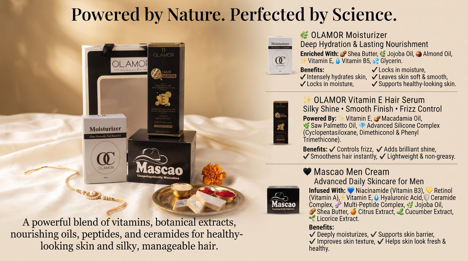 OLAMOR Rakhi Gift Hamper for Brother &amp; Sister | Raksha Bandhan Gift Set | Moisturizer 50ml + Vitamin E Hair Serum + Mascao Men Cream | Premium Skincare &amp; Haircare Combo