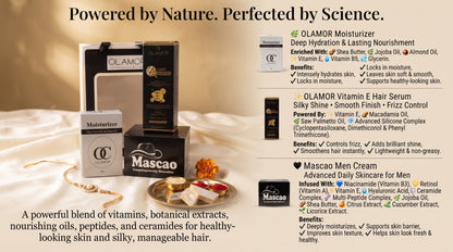 OLAMOR Rakhi Gift Hamper for Brother &amp; Sister | Raksha Bandhan Gift Set | Moisturizer 50ml + Vitamin E Hair Serum + Mascao Men Cream | Premium Skincare &amp; Haircare Combo