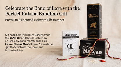 OLAMOR Rakhi Gift Hamper for Brother &amp; Sister | Raksha Bandhan Gift Set | Moisturizer 50ml + Vitamin E Hair Serum + Mascao Men Cream | Premium Skincare &amp; Haircare Combo