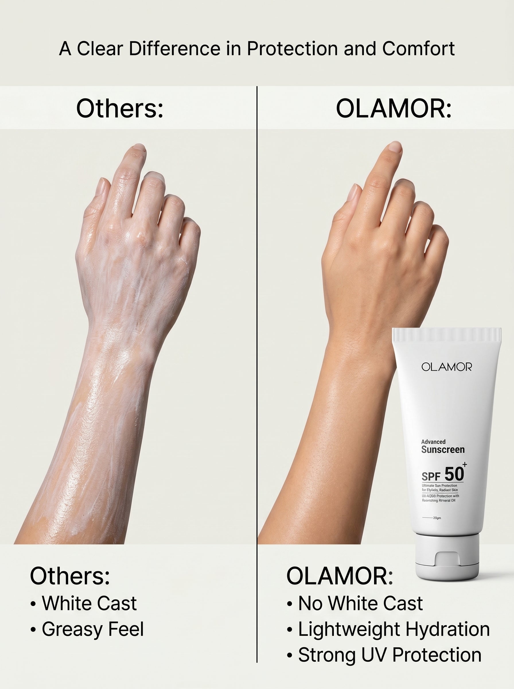 OLAMOR Advanced Sunscreen SPF 50+ 500g |Broad Spectrum UVA/UVB Protection with Vitamin E &amp; Moisture|Lightweight|Non-Greasy Sunblock for Healthy|Radiant Skin – All Skin Types|Travel Friendly