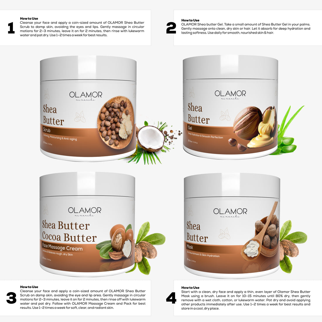 OLAMOR Shea Butter Complete Facial Kit Pack of 4 | Shea Butter Gel 200g + Face Mask 200g + Coco Butter Massage Cream 200g + Shea Butter Scrub 200g | Deep Hydration, Nourishment &amp; Skin Softening Care