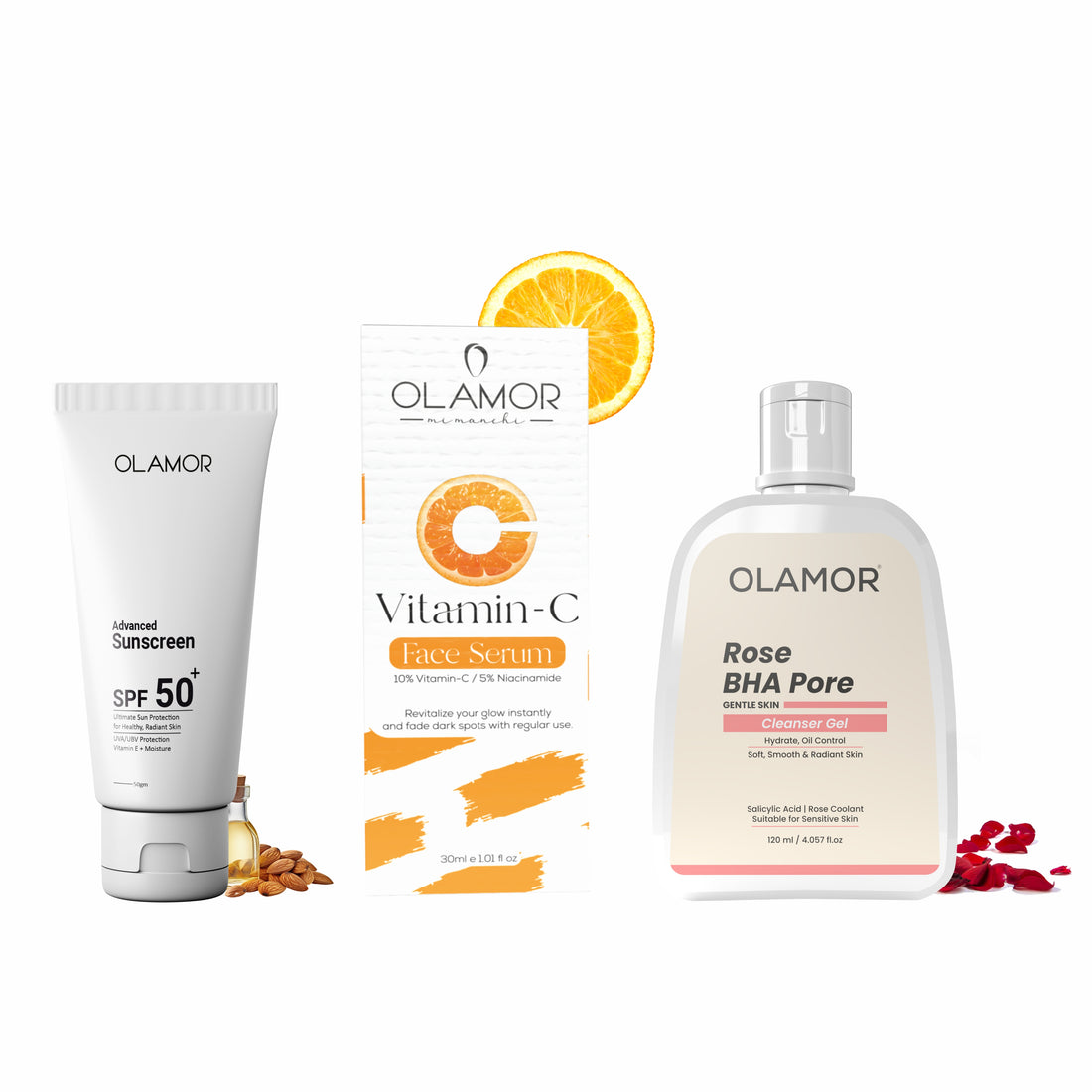 OLAMOR Glow &amp; Sun Protection Skincare Combo | SPF 50+ Sunscreen 50g + Vitamin C Face Serum 30ml + Rose BHA Pore Cleanser Gel 120g | Brightening, Deep Cleansing &amp; UV Protection