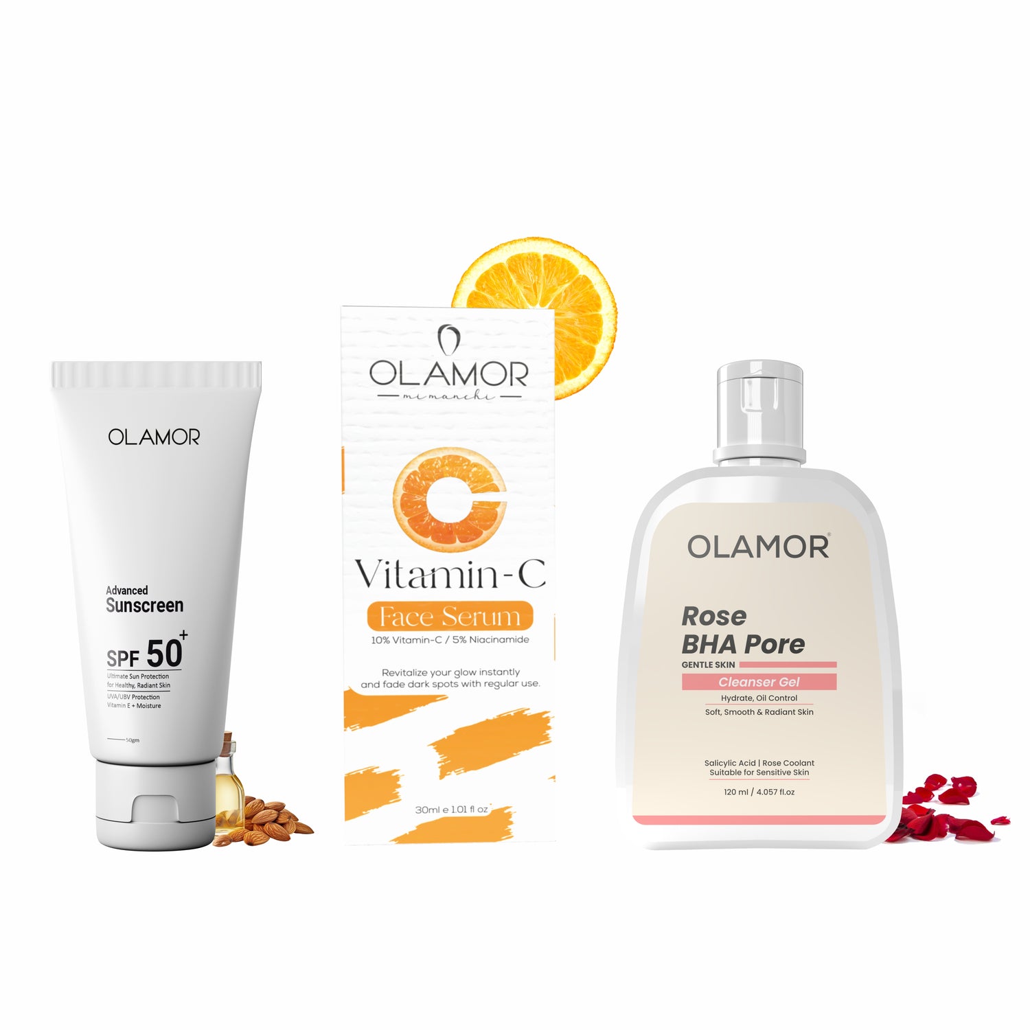 OLAMOR Daily Skincare Trio | SPF 50+ Sunscreen + Vitamin C Face Serum + Rose BHA Cleanser Gel