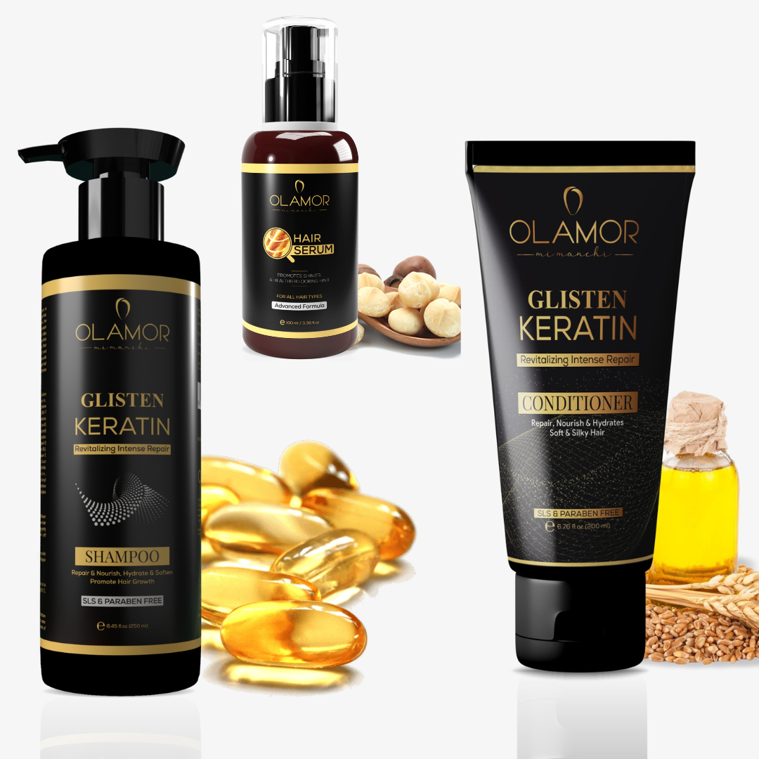 OLAMOR Glisten Keratin Shampoo 250ml, Conditioner 200ml &amp; Hair Serum 100ml, Smoothening, Deep Nourishing, All Hair Types