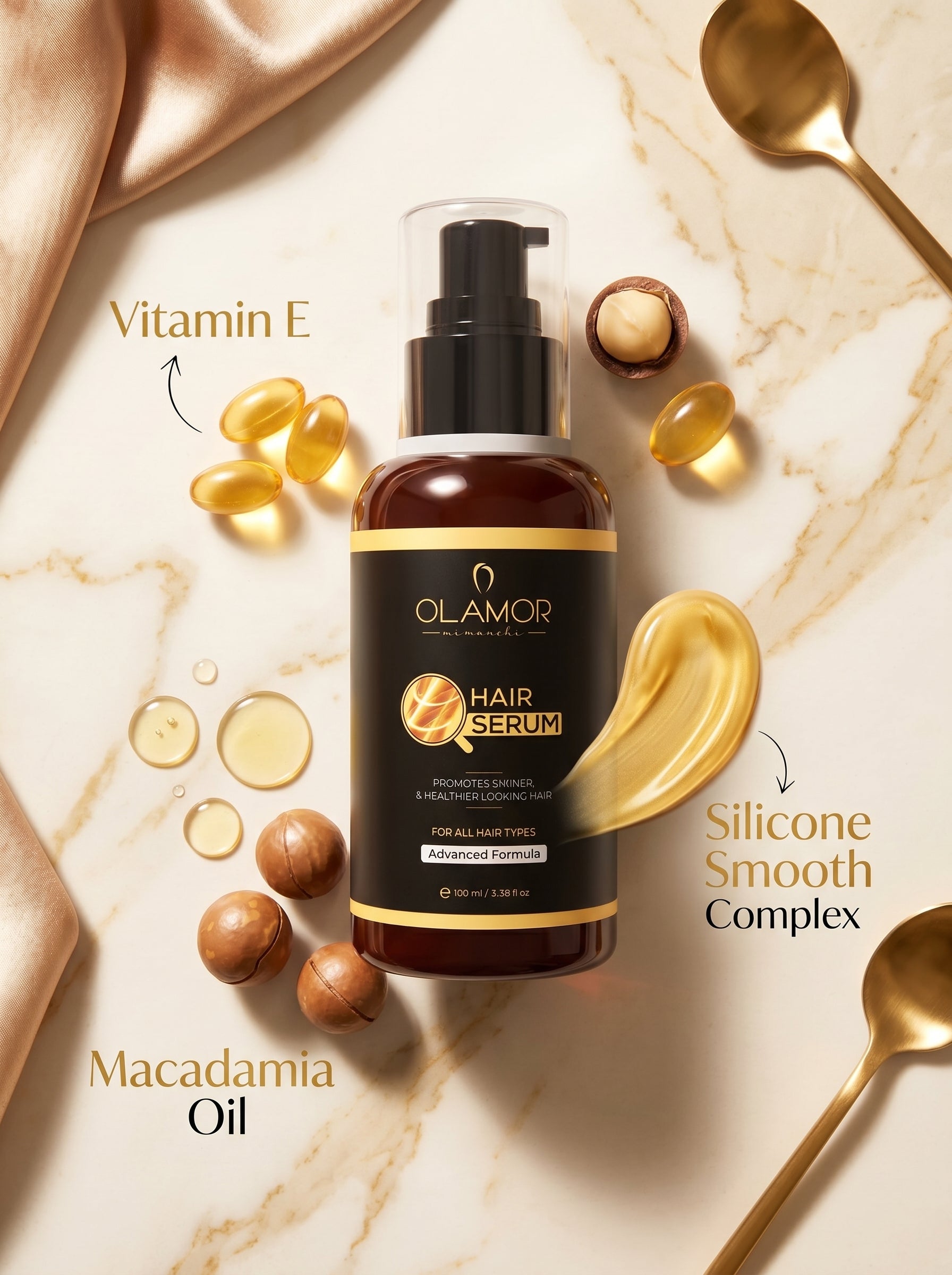 OLAMOR Vitamin-E Hair Serum 100ml &amp; Advanced Sunscreen SPF 50+ 500g Combo | Frizz Control, Hair Nourishment &amp; Broad-Spectrum Sun Protection for Healthy Hair and Radiant Skin