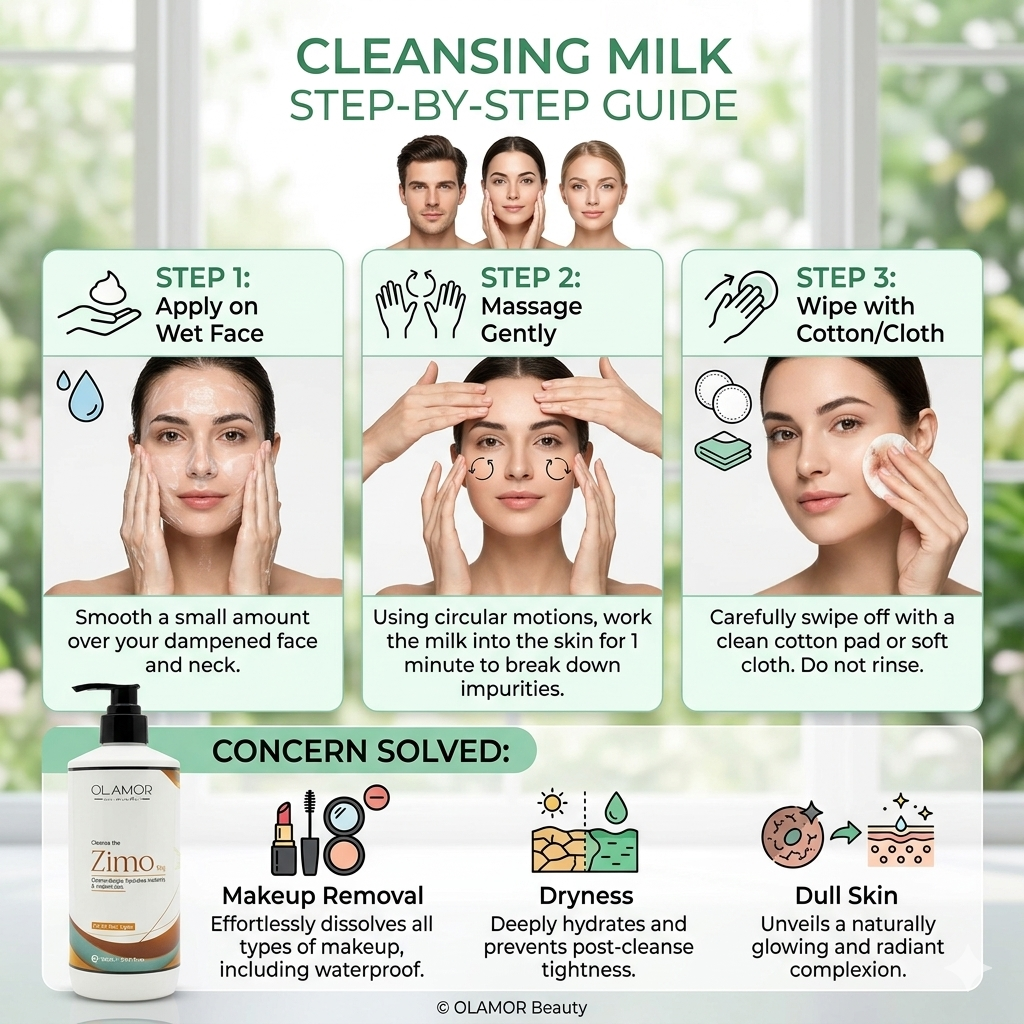 OLAMOR Zimo Cleansing Milk 450ml &amp; SPF 50 Sunscreen 60ml Combo | Deep Cleansing, Hydration &amp; UV Protection | Removes Makeup, Dirt &amp; Impurities for Soft, Glowing Skin