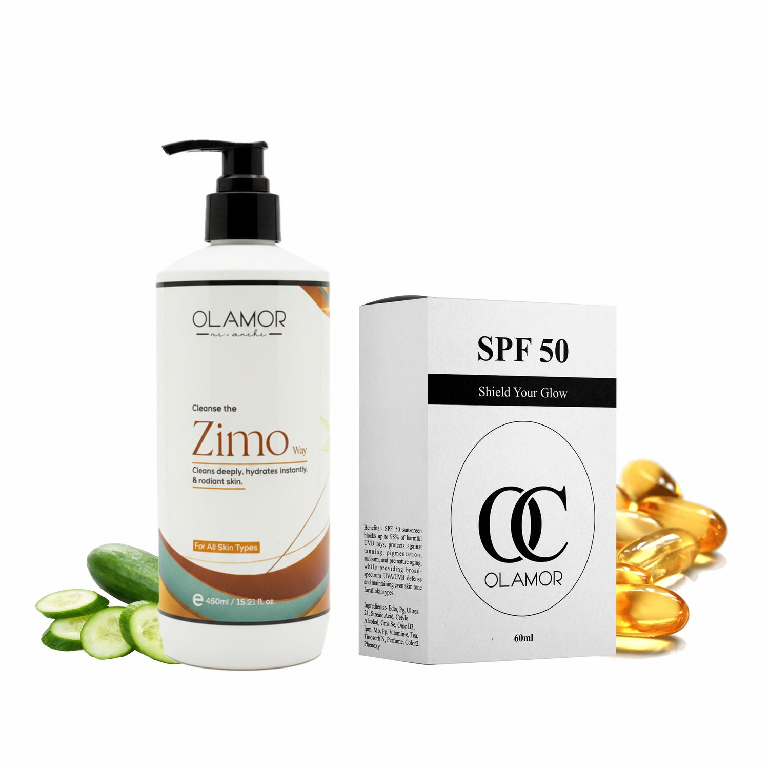 OLAMOR Zimo Cleansing Milk 450ml &amp; SPF 50 Sunscreen 60ml Combo | Deep Cleansing, Hydration &amp; UV Protection | Removes Makeup, Dirt &amp; Impurities for Soft, Glowing Skin