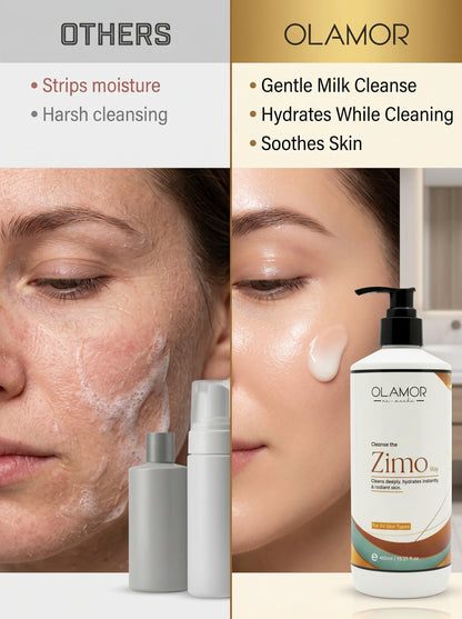 OLAMOR Zimo Cleansing Milk 450ml &amp; SPF 50 Sunscreen 60ml Combo | Deep Cleansing, Hydration &amp; UV Protection | Removes Makeup, Dirt &amp; Impurities for Soft, Glowing Skin