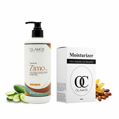 OLAMOR Daily Skincare Duo | Pink Oval Face Moisturizer + Zimo Cleansing Milk