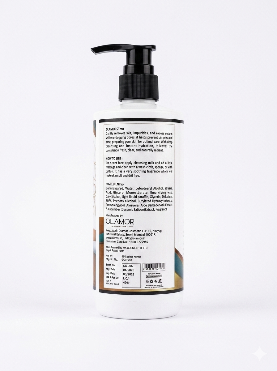 OLAMOR Zimo Cleansing Milk 450ml &amp; SPF 50 Sunscreen 60ml Combo | Deep Cleansing, Hydration &amp; UV Protection | Removes Makeup, Dirt &amp; Impurities for Soft, Glowing Skin