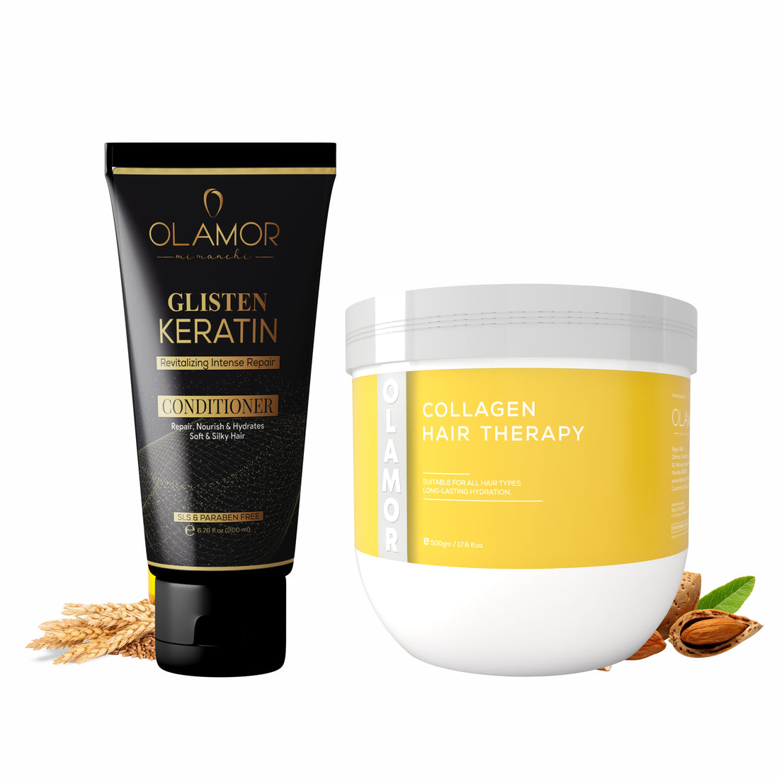 OLAMOR Keratin &amp; Collagen Hair Repair Combo | Glisten Keratin Conditioner 200ml + Collagen Strengthening Hair Therapy 500gm for Smooth, Strong &amp; Healthy Hair