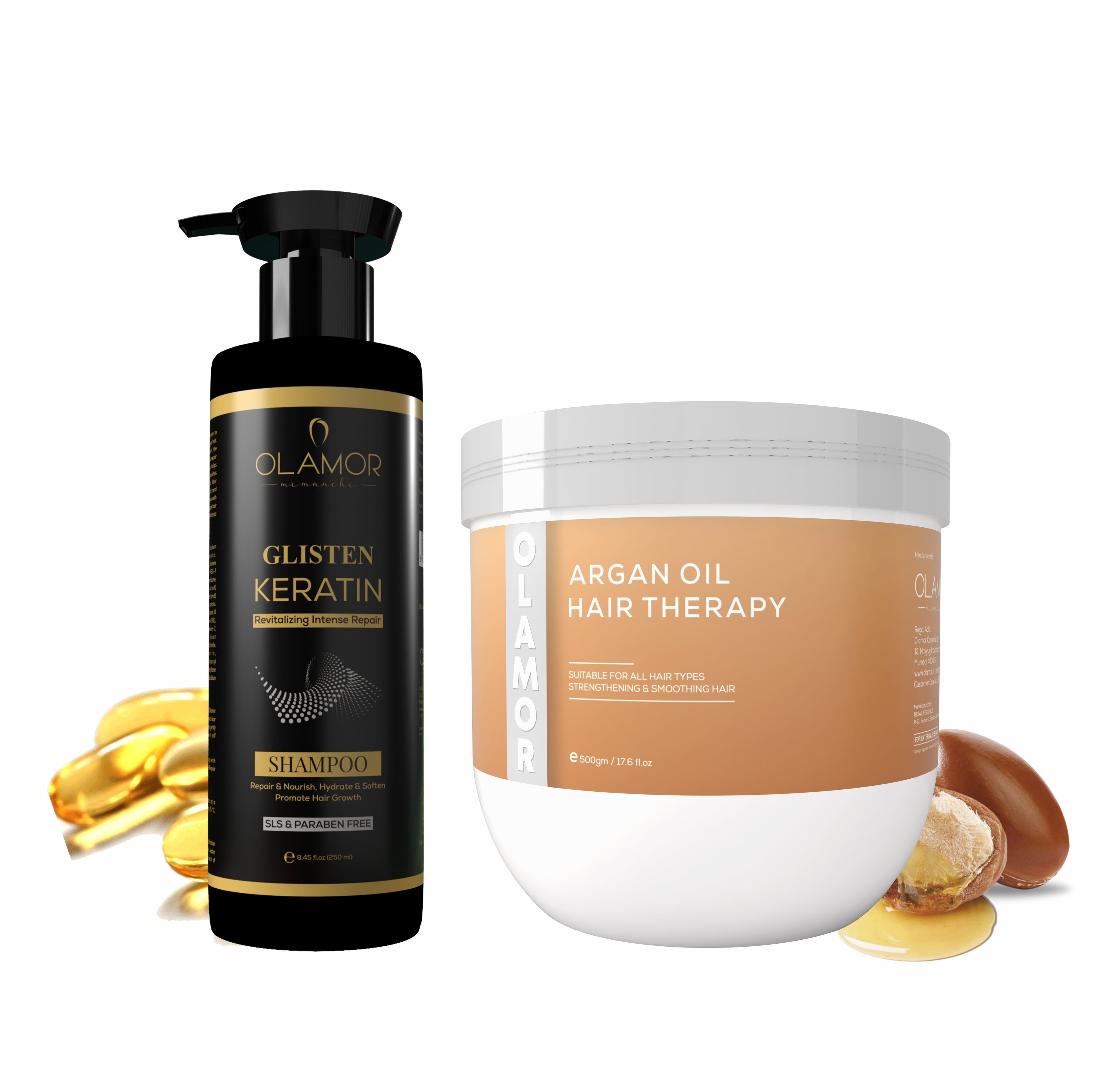 OLAMOR Keratin Revitalizing Shampoo 250ml &amp; Argan Oil Hair Therapy 500gm Combo | Damage Repair, Frizz Control &amp; Hair Strengthening Care