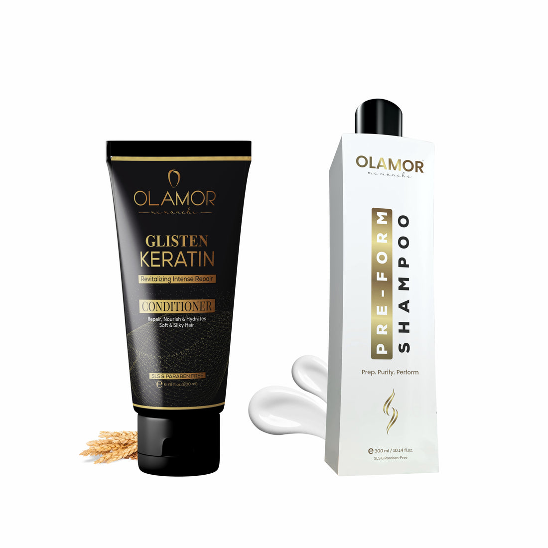 OLAMOR Glisten Keratin Conditioner 200ml &amp; Pre-Form Shampoo 300ml Combo | Hair Damage Repair, Deep Nourishment, Frizz Control &amp; Smoothening Care for Soft, Shiny Hair