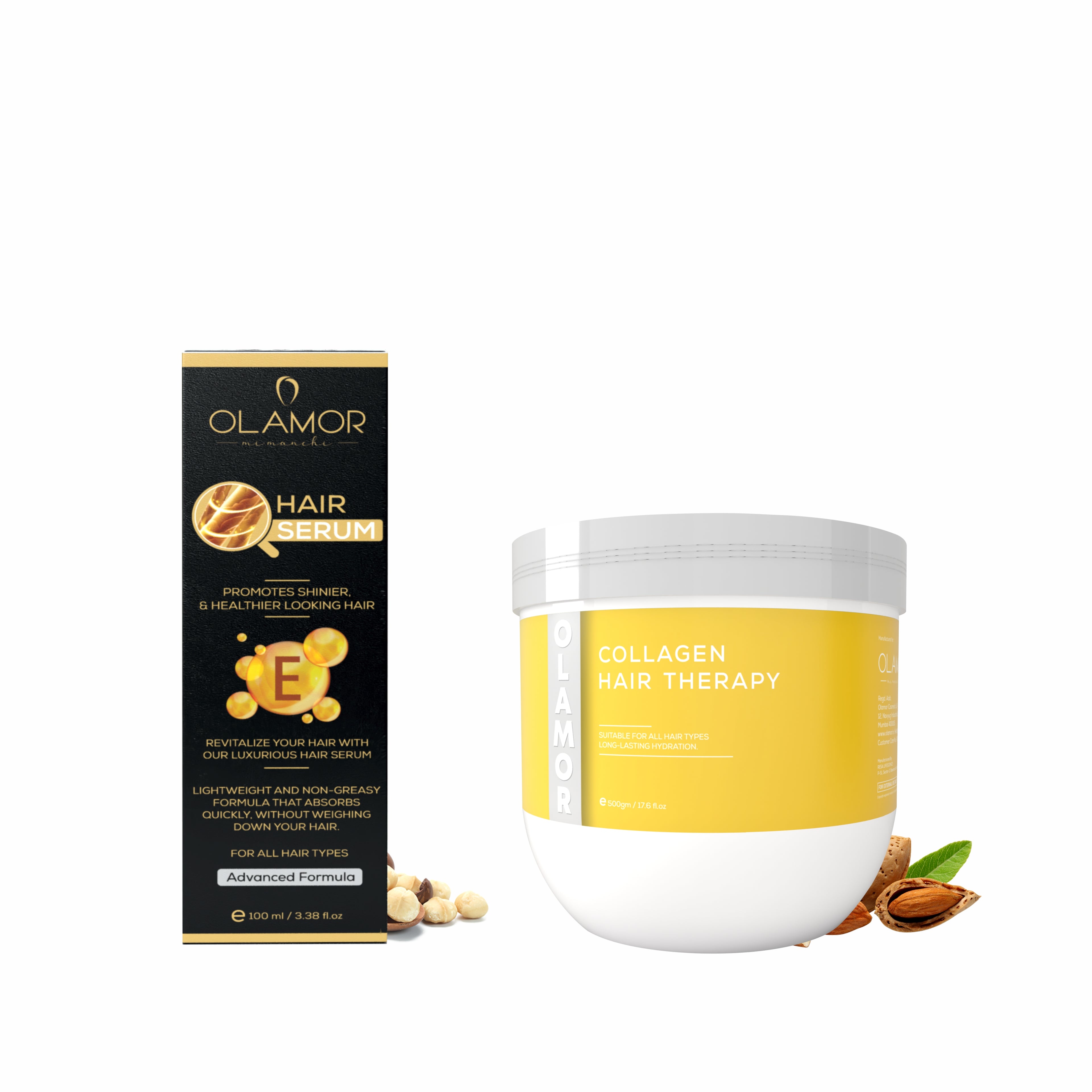 OLAMOR Vitamin-E Hair Serum 100ml &amp; Collagen Strengthening Hair Therapy 500gm Combo | Frizz Control, Hair Strengthening, Deep Nourishment &amp; Healthy Hair Care