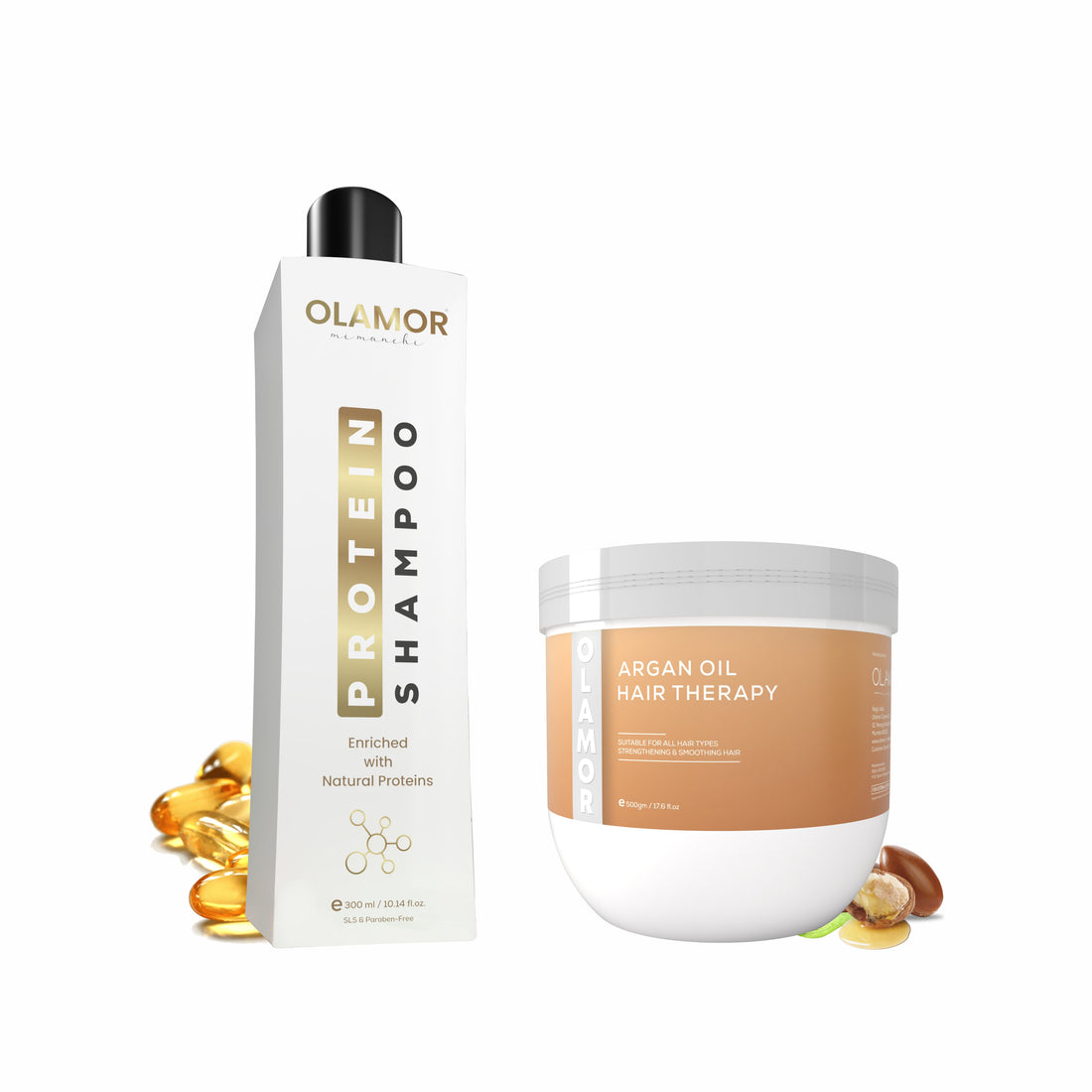 OLAMOR Hair Repair &amp; Nourishment Combo | Argan Oil Strengthening Therapy 500gm + Hair Protein Repair Shampoo 300ml for Dry, Damaged &amp; Frizzy Hair