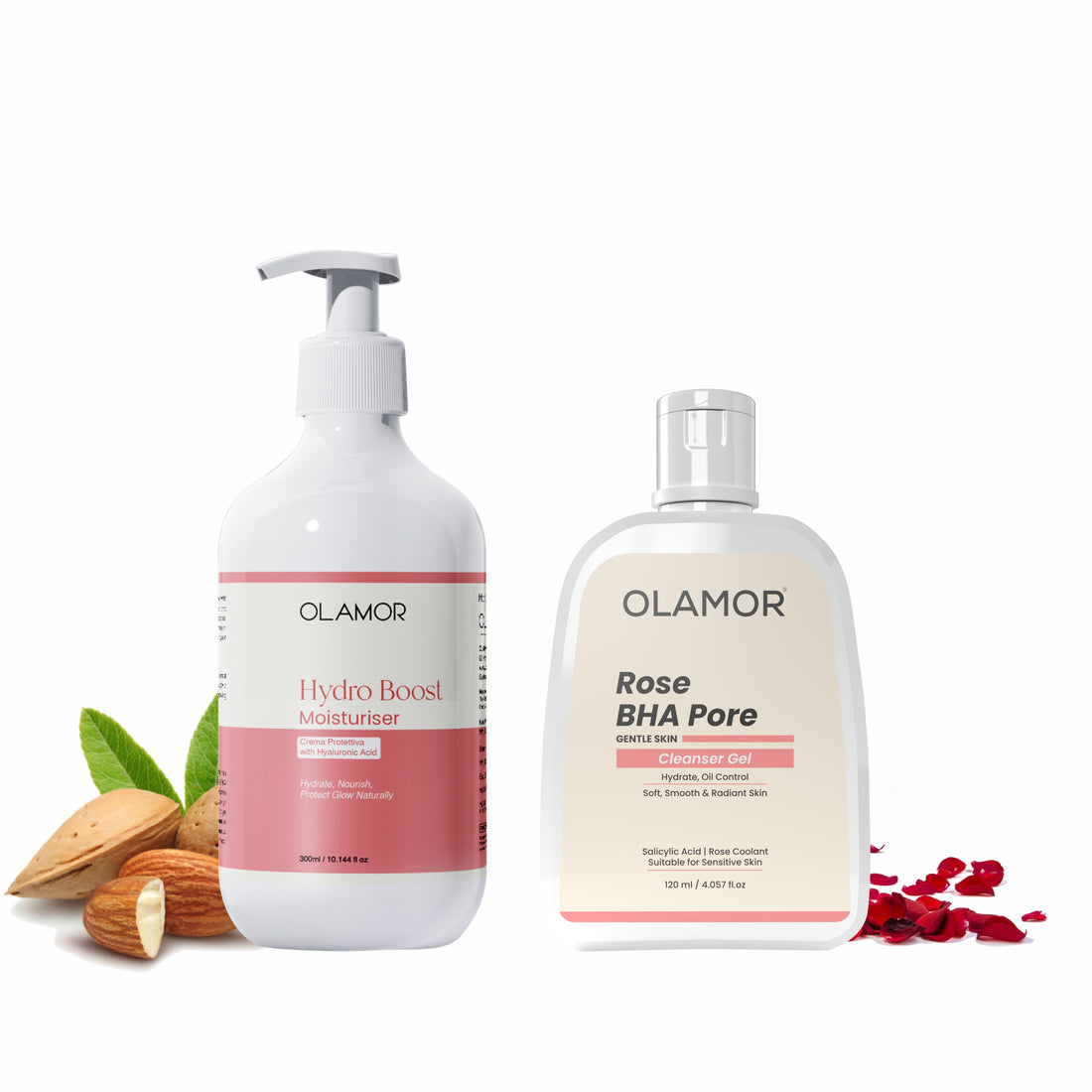 OLAMOR Hydration &amp; Pore Care Combo | Rose BHA Pore Cleanser Gel 120gm + Hydro Boost Moisturizer 300ml for Clear, Smooth &amp; Plump Skin