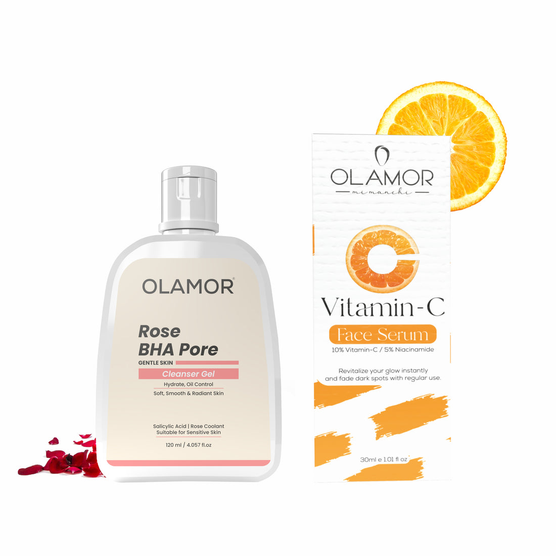 OLAMOR Brightening Skincare Combo | Vitamin C Face Serum 30ml + Rose BHA Pore Cleanser Gel 120gm for Glowing, Even-Toned Skin